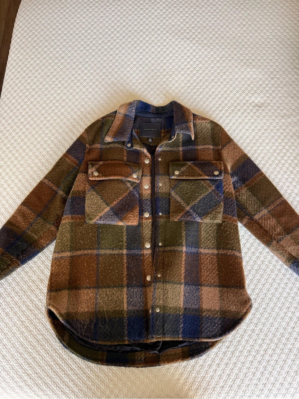 Blank NYC Plaid Shacket Jacket in Brown, Olive & Navy